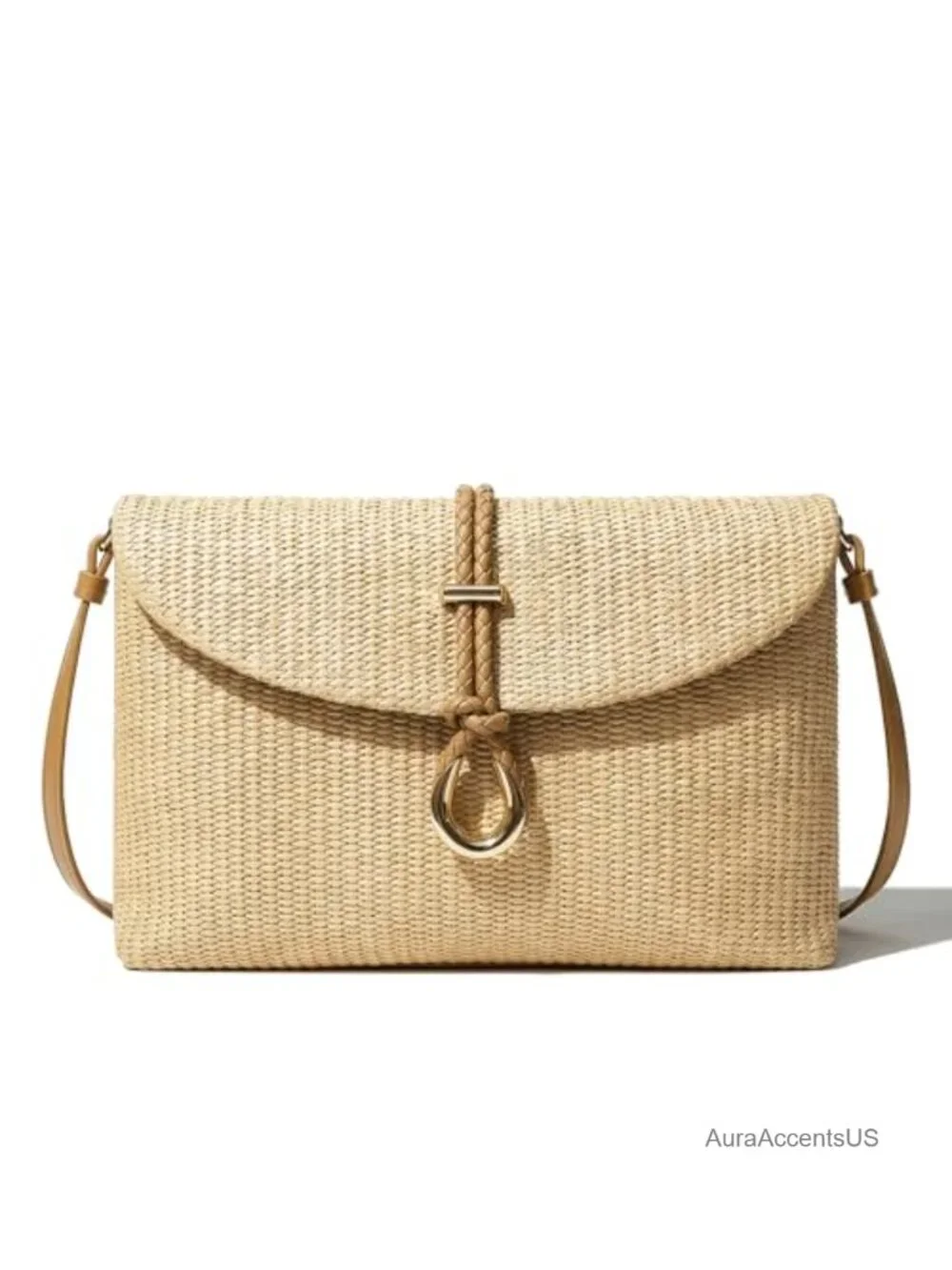 Woven Straw Clutch Bag, Raffia Crossbody Handbag with Detachable Strap, Boho